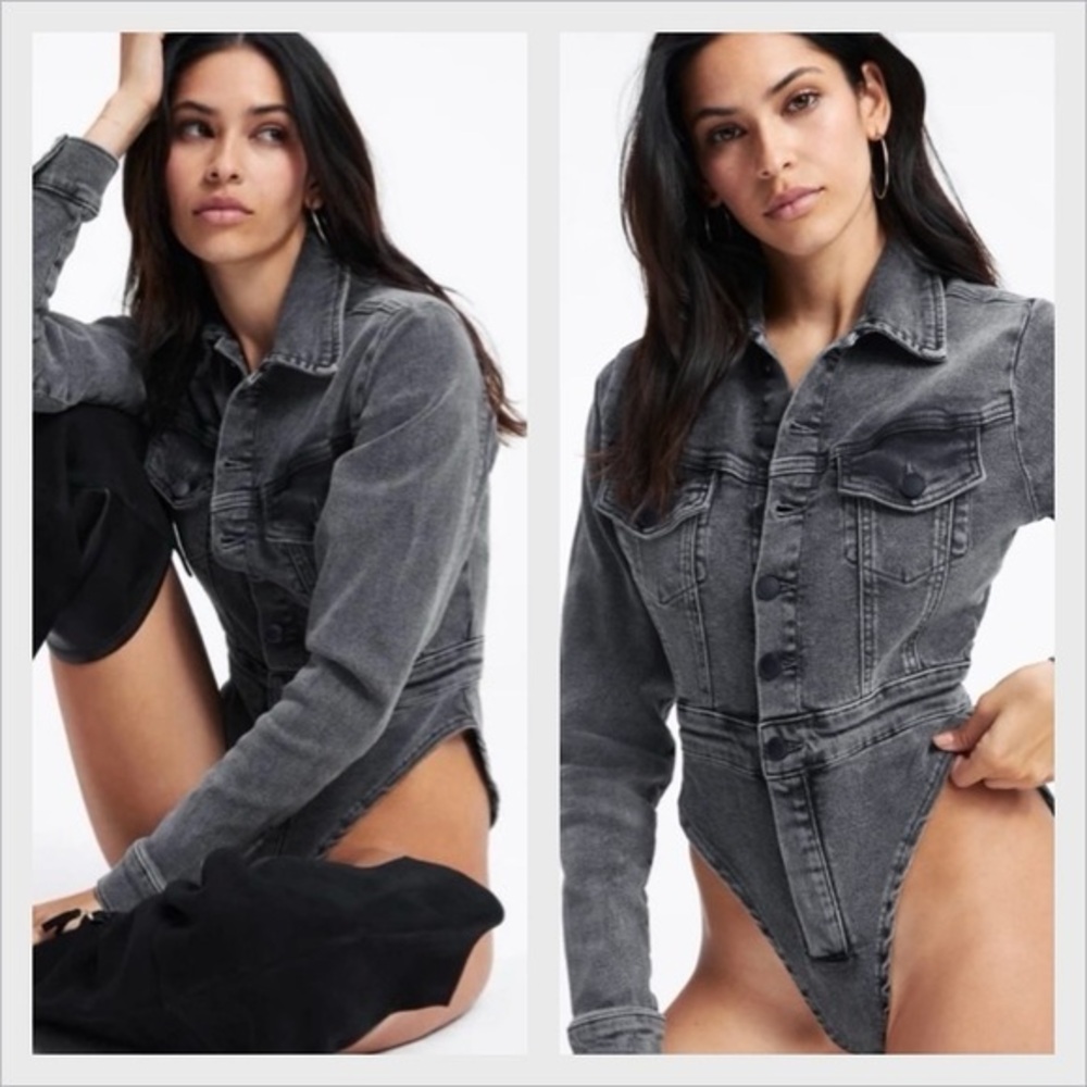 Good American NWT Black Denim Thong Bodysuit Button Down Size 1 (Small)